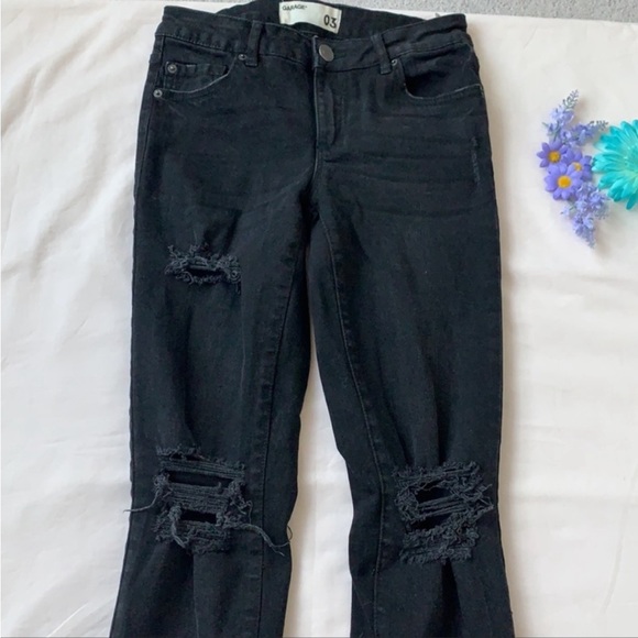 Garage black skinny denim, distressing to thigh/knee, size 3, 8”rise, 30” inseam - Picture 2 of 7